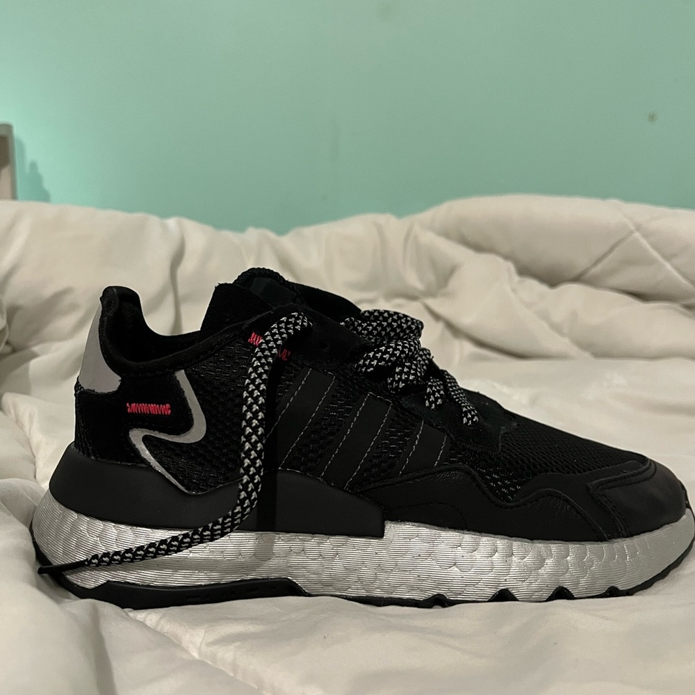 Women’s Black Silver and Pink Adidas Nite Jogger Sneakers